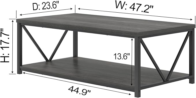 FOLUBAN Industrial Coffee Table with Storage Shelf, Modern Rustic Wooden and Metal Rectangle Center Table for Living Room, Dark Gray, 47 Inch
