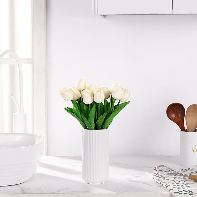 White Ceramic Vase for Flowers, Modern White Vase for Home Decor, Tall Ribbed Vase for Living Room, Office, Mantel, Bookshelf, Dining Table, 8 inches