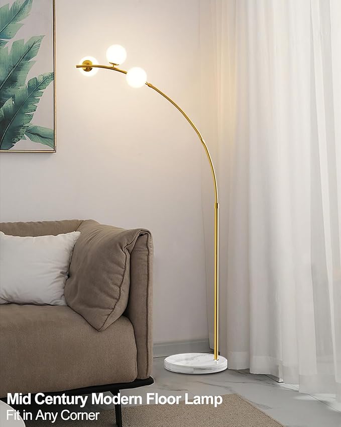 Lightdot 3 Globe Modern Floor Lamp for Living Room, Contemporary Gold Arc Floor Lamp with Shatterproof Shade and Bulbs Included,Mid Century Standing Lamp for Bedroom & Home Office