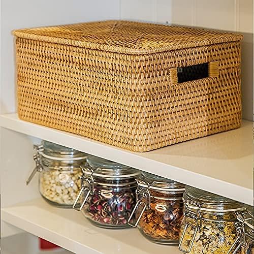 Rattan Basket With Lid, Large Lidded Basket For Storage(15.3" L×11.4"W×9.5"H)