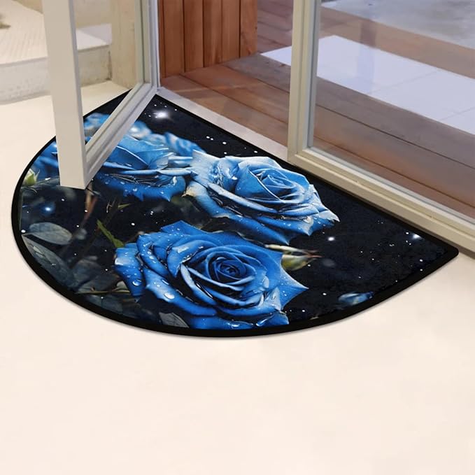 Half Round Rug Blue Rose Doormat Flower Bathroom Rug Festival Decorative Gifts Non-Slip Washable Doormat for Indoor Outdoor Living Room Kitchen Bedroom
