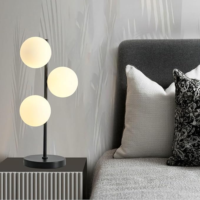 Black Globe Table Lamp Modern 3-Light Desk Light with Milk White Glass Shade Modern Nightstand Lamp for Bedroom Bedside End Table,G9 Bulb(Not Included)