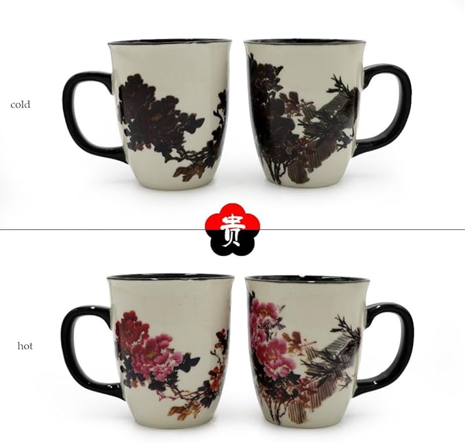 Heat Changing Magic Porcelain Coffee Mug for Mom Gifts Funny Tea Mug 16 oz Black Change into Multi Color Peony Painting