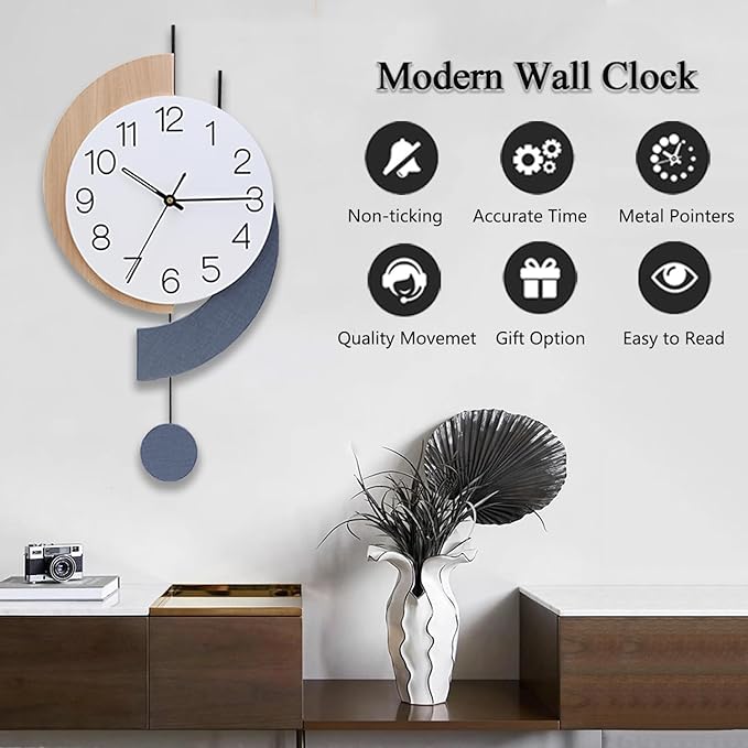 Decorative Silent Quartz Wall Clock with Pendulum, Battery Operated, Large for Living Room, Kitchen, Home, Bathroom, Bedroom - 11.5x22.5 Inch