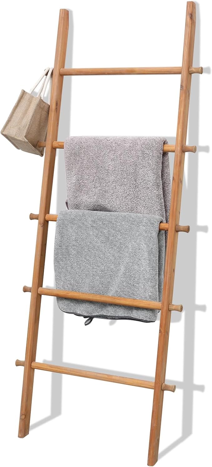 FUIN 57in Wood Blanket Ladder Living Room Decorative Wall Leaning Farmhouse Quilt Display Holder Rustic Wooden Towel Rack for Bathroom, Light Brown