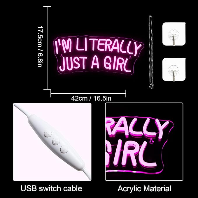 Lucunstar I'M Literally Just A Girl Neon Sign,Pink Led Sign,Led Neon Light for Wall Decor,Light Up Sign for Bedroom,Dimmable Switch USB Connectivity Led Neon Signs for Girlsroom Decor,Party Light