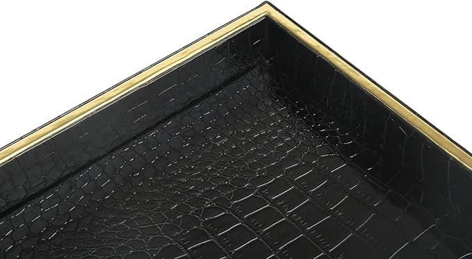 HofferRuffer Faux Leather Vanity Tray, Elegant Desktop Storage Organizer, Decorative Catchall Perfume Tray, Bathroom Valet or Nightstand Dresser Organizer (Black Croco)