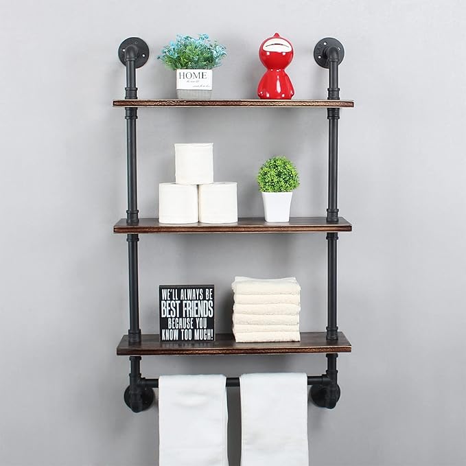 Industrial Pipe Shelving,Iron Pipe Shelves Industrial Bathroom Shelves with Towel bar,24in Rustic Metal Pipe Floating Shelves Pipe Wall Shelf,3 Tier Industrial Shelf Wall Mounted,Retro Black