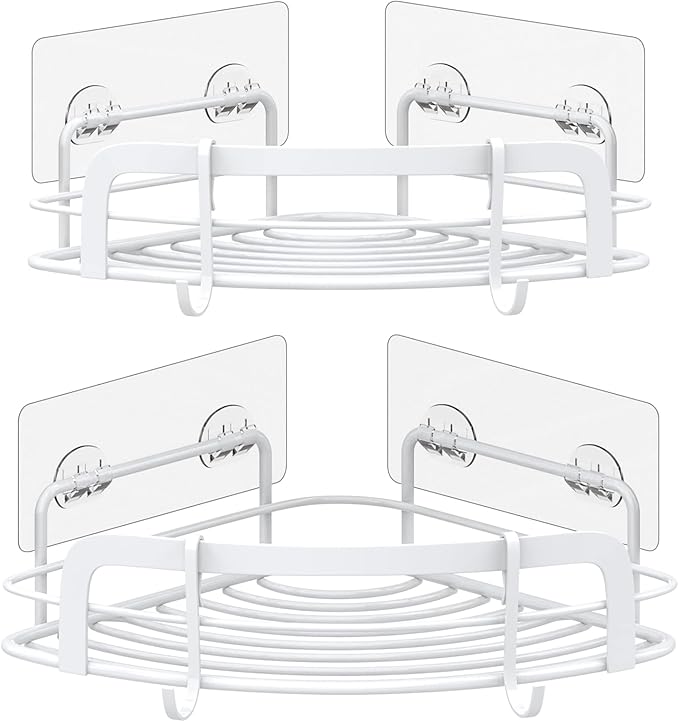STEUGO 2-Pack Corner Shower with 4 Hooks Adhesive, Bathroom Shower Rack Rust Resistant SUS304 Stainless Steel for Dorm Bathroom Kitchen Storage (White)