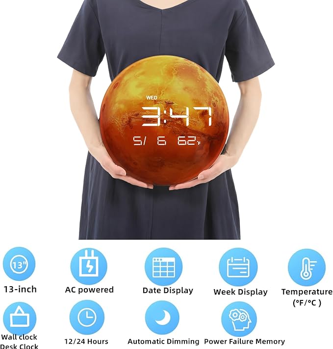 13" Digital Wall Clock with LED Display, Calendar & Temperature, Automatic Dimming, 12/24hr Format, Wall & Desk Use - HUI-7861