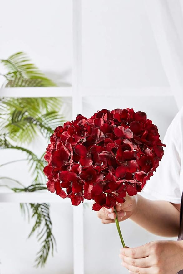 Hydrangea Silk Flowers Heads with 10 Stems Burgundy Artificial Hydrangea Flower Head for Wedding Centerpieces Bouquets DIY Floral Decor Home Decoration