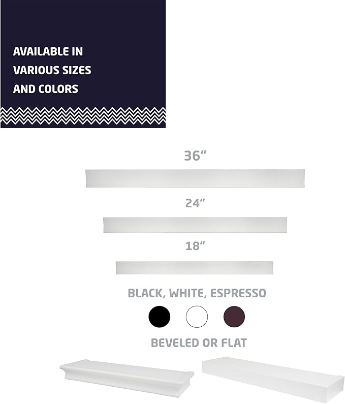 HIGH & MIGHTY 515607 Modern 24" Floating Shelf Holds up to 20lbs, Easy Tool-Free Dry Wall Installation, Flat, Retail Packaging, White