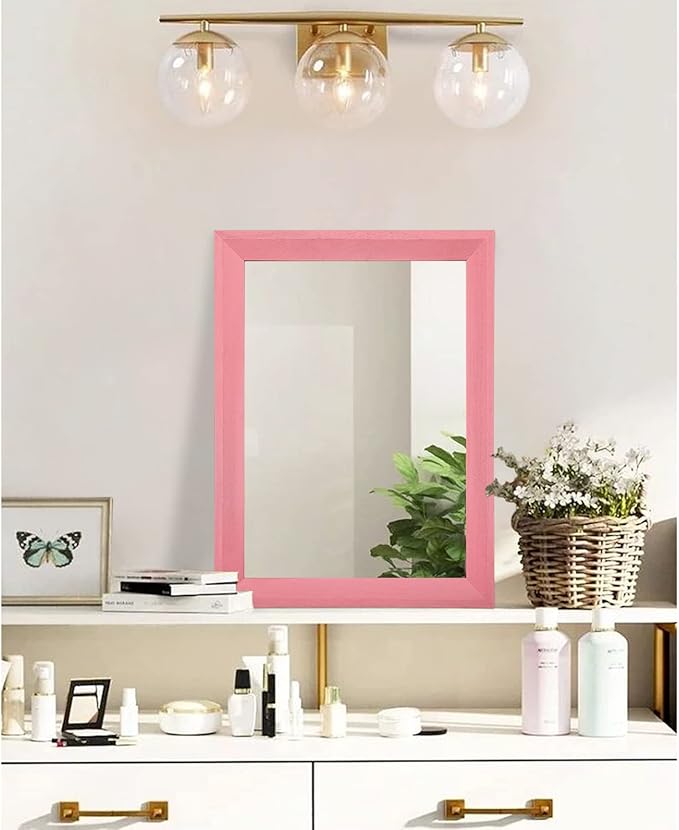 AAZZKANG Rectangle Mirror with Wood Frame Modern Farmhouse Wall Mirrors Decor for Bedroom Bathroom Living Room Small Pink