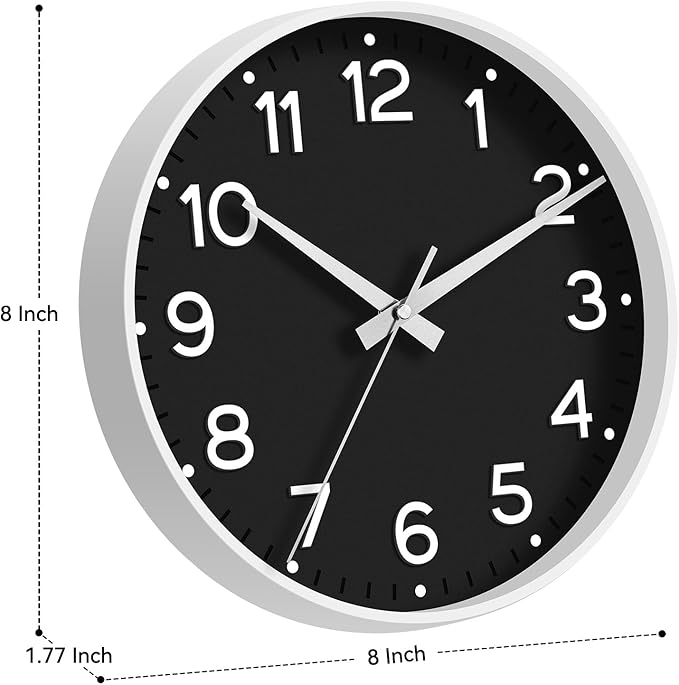 Wall Clock, Silent Wall Clocks Battery Operated 8 Inch-Modern Non Ticking Analog Clock Decorative for Kitchen Office Bathroom Bedroom(Black)