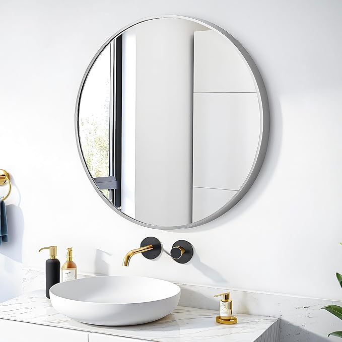24" Round Mirror Circle Wall Mounted Hanging or Against Wall Metal Frame Dressing Make-up Mirrors for Entryway Bedroom Bathroom Living Room 24 inch Silver