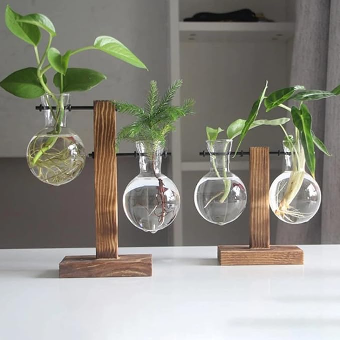 Kingbuy Retro Glass Bulb Vase for Plant Propagation - Hydroponic Planter with Wooden Stand, Indoor Water Propagation Station, Desktop Terrarium Glass Planter for Home Garden Plants (2 Bulb Vases