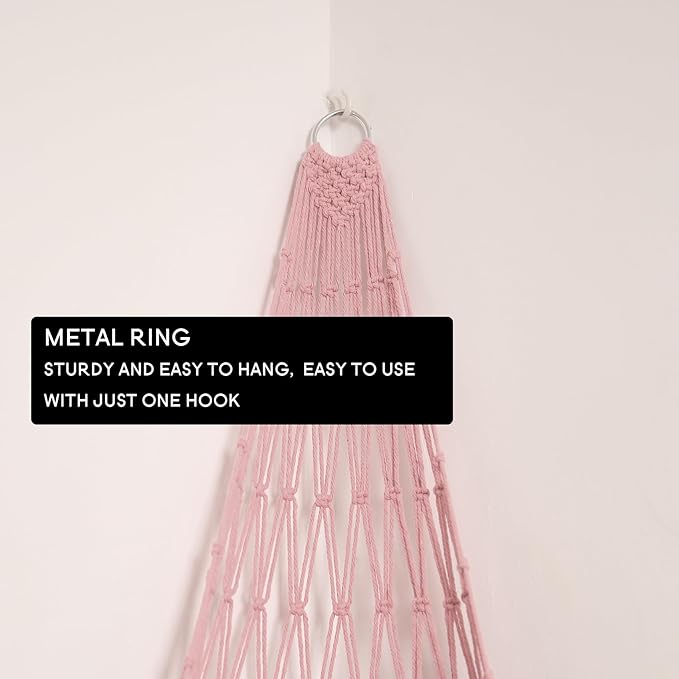 Stuffed Animal Hammock Corner Hanging Net for Stuff Animal Storage Macrame Toy Display Plush Toy Holder-Perfect for Tiny Space Walls-Kid Bedroom Decor Nursery Playroom Organizer (Light Pink)