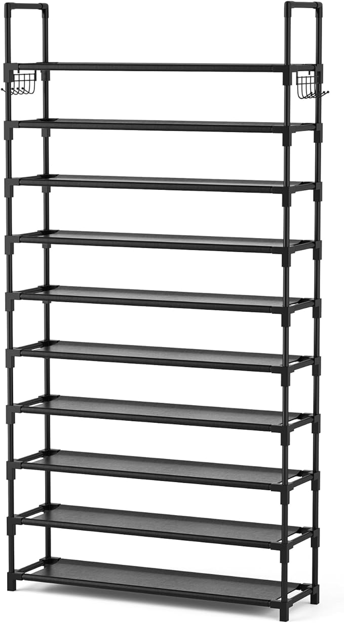 VTRIN 10-Tier Shoe Rack - Large Capacity 50 Pair Organizer with Two Hooks - Sturdy Metal Shoe Shelf for Entryway, Closet, Bedroom