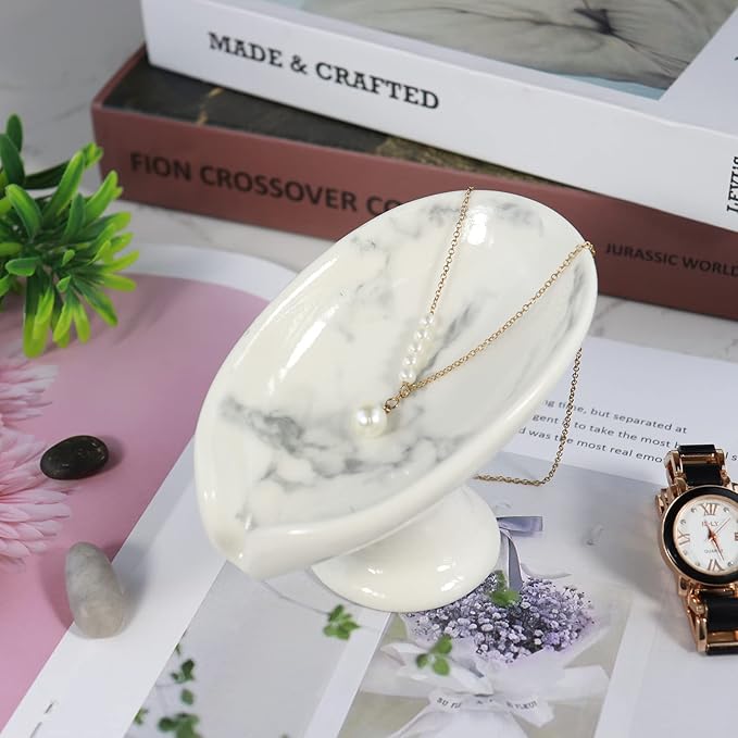 Self-Draining Soap Dish White Marble Ceramic Soap Holder Stand Style Waterfall Soap Dish Soap Savers for Bar Soap, for Bathroom, for Shower, for Bar Counter