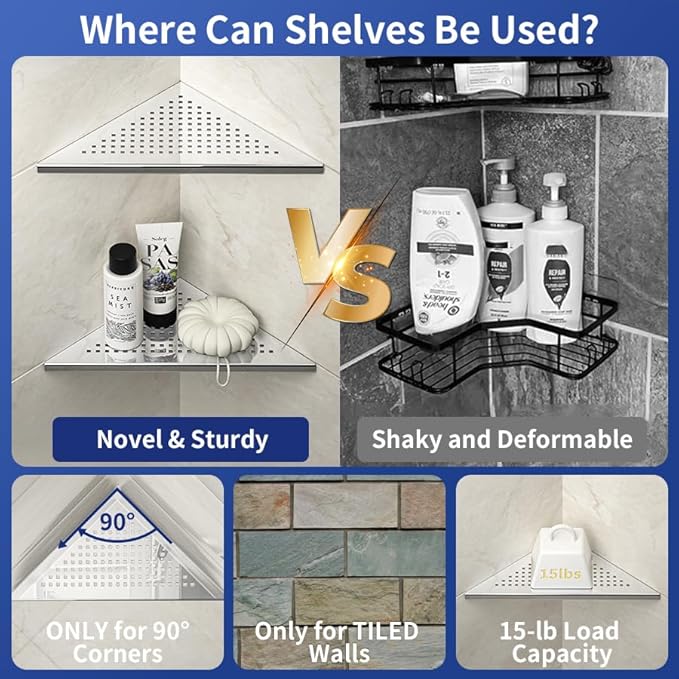 Corner Shower Shelf, 10" Polished 304 Stainless Steel Recessed Shelves for Bathroom, Grout in Shelf Racks for Tiled Wall, 2 Pack, No Drilling Needed