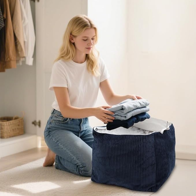 Sexysamba Square Corduroy Pouf Cover Only, 20"x 16" Unstuffed Decorative Ottoman Foot Stool Rest, Washable Storage Bean Bag Chair Floor Pouf Covers for Living Room Bedroom, Grey