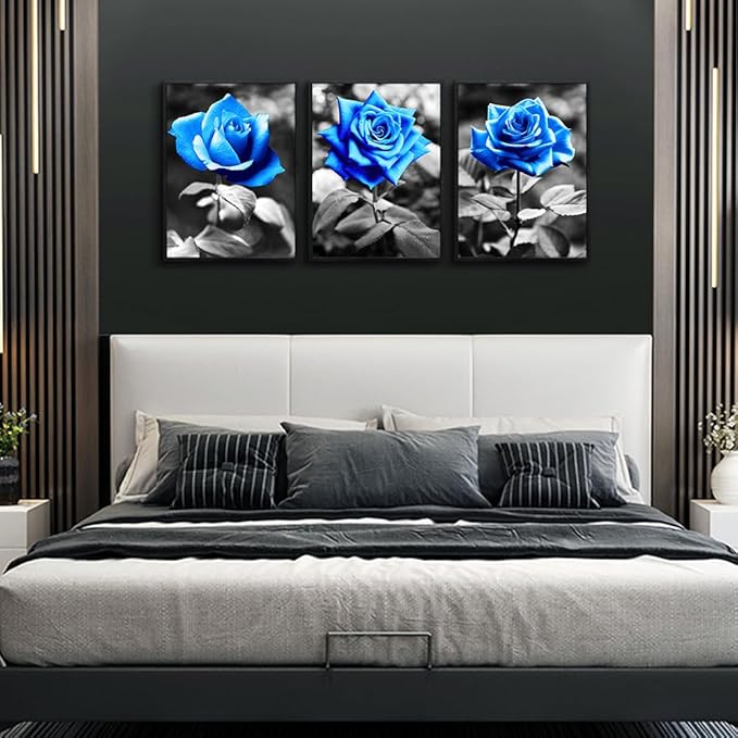 TTHYUEWS Black Framed Wall Art Prints For Living Room Family Wall Decor For Kitchen Black And White Pictures Artwork Blue Rose Flowers Wall Paintings Modern Office Bedroom Room Home Decor 3 Pieces
