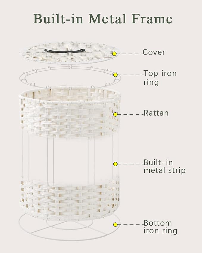 Laundry Hamper with Lid Wicker Laundry Hamper Round 26.5 Gal (100 L) Laundry Basket Handwoven Rattan Laundry Basket with Removable Bag Handles 2 Mesh Bags for Living Room Bedroom White