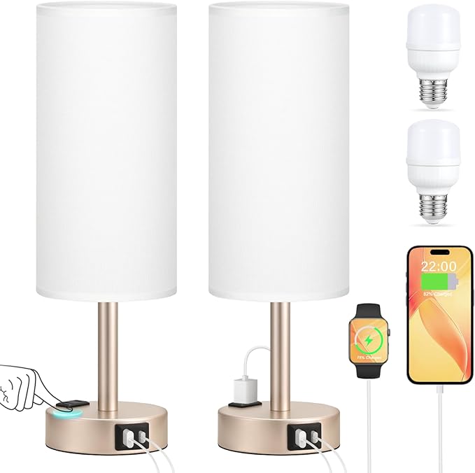 Touch Bedside Table Lamps Set - 3 Way Dimmable Bedroom Lamps Set of 2 with USB C and A Ports, Small Lamps for Nightstand with AC Outlet, Gold Base Round Flaxen Shade for Desk, Office, Dorm, Nursery