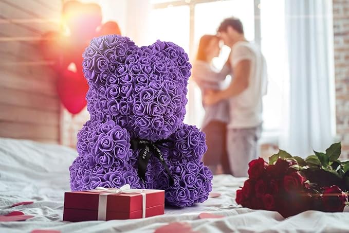 RECUTMS Rose Teddy Bear, 10 inch Flower Bears with Lights, Lighted Up Foam Artificial Floral for Valentines Day, Mothers Day Wedding Anniversary Birthday Halloween Home Bedroom Decoration(A-Purple
