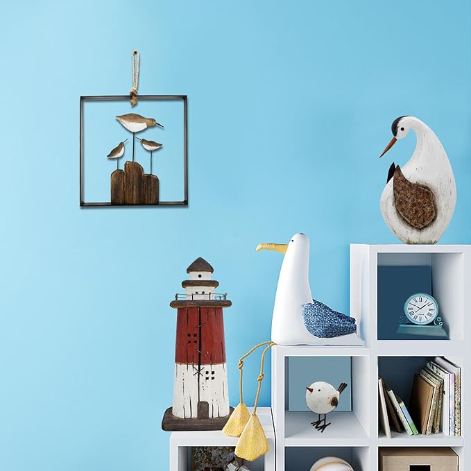 K KILIPES Beach Lighthouse for Bathroom Nautical Home Decor, Wood Lighthouse Table Decoration Coastal Centerpiece Hand Crafted Lighthouse Sculpture Ocean Decorations (Red/Blue, M)