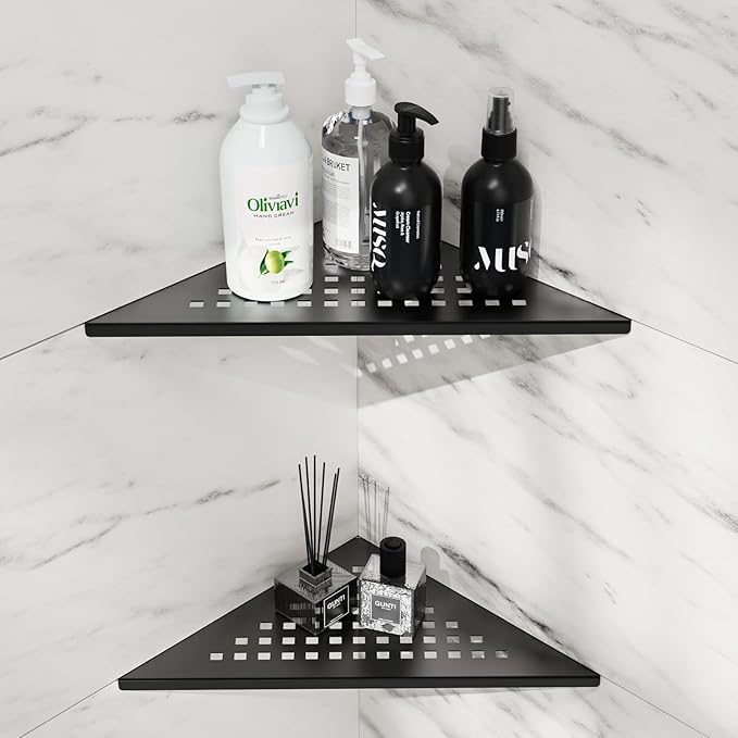 Shower Corner Shelf 10" Slot Design Bathroom Shelves for Tiled Wall, 304 Stainless Steel Recessed Shower Organizer Corner Shelves for Bathroom Decor, Matte Black, 2 Pack (Square)