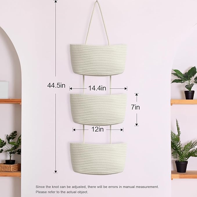 TeoKJ Over the Door Hanging Baskets, 3-Tier Woven Cotton Storage Organizer Bag with Hooks Wall-Mounted Decorative Nursery Kitchen Baskets - White