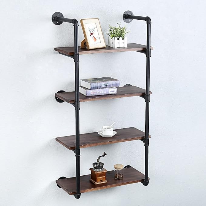 Industrial Pipe Shelving Wall Mounted,24in Rustic Metal Floating Shelves,Steampunk Real Wood Book Shelves,Wall Shelf Unit Bookshelf Hanging Wall Shelves,Farmhouse Kitchen Bar Shelving(4 Tier)