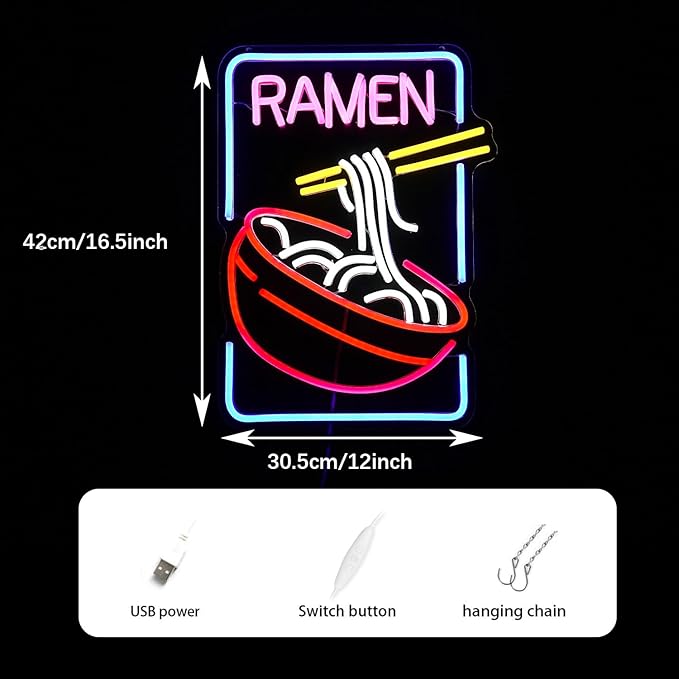 Ramen Neon Sign Noodle Led Neon Lights for Wall Decor Neon Ramen Light up Sign Powered by USB Multi colored Neon Lights for Restaurant Ramen Shop Window(16.5’’X12’’)