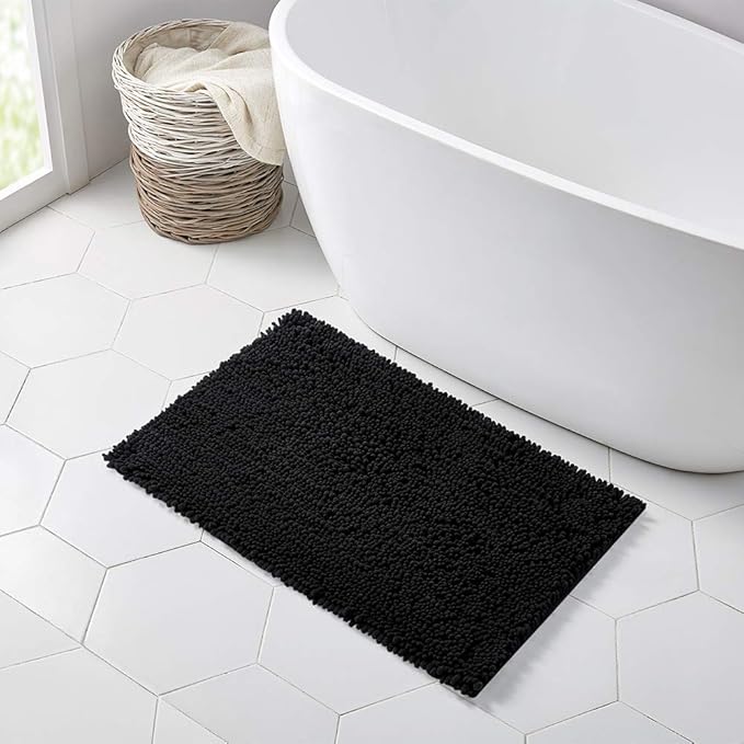 Walensee Bathroom Rug Non Slip Bath Mat (36x24 Inch Black) Water Absorbent Super Soft Shaggy Chenille Machine Washable Dry Extra Thick Perfect Absorbant Best Large Plush Carpet for Shower Floor