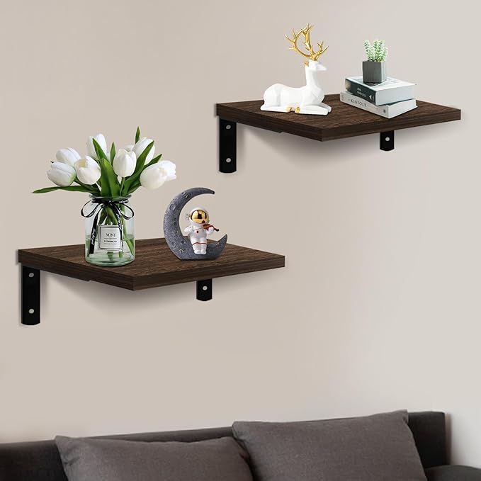 Floating Shelves, 12" Deep, Large Capacity Wood Wall Mounted Rustic Farmhouse Shelves for Home Decor(Living Room Kitchen Bathroom Bedroom),Storage and Display Shelf 2 Set (Dark Brown)