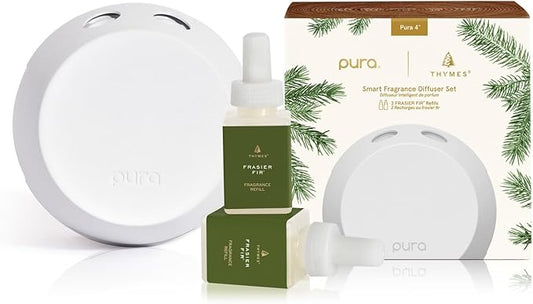 Thymes Pura 4 Diffuser Kit - Smart Home Fragrance Diffusers for Home - Includes Pura Air Freshener Device + 2 Pura Refills (Frasier Fir)