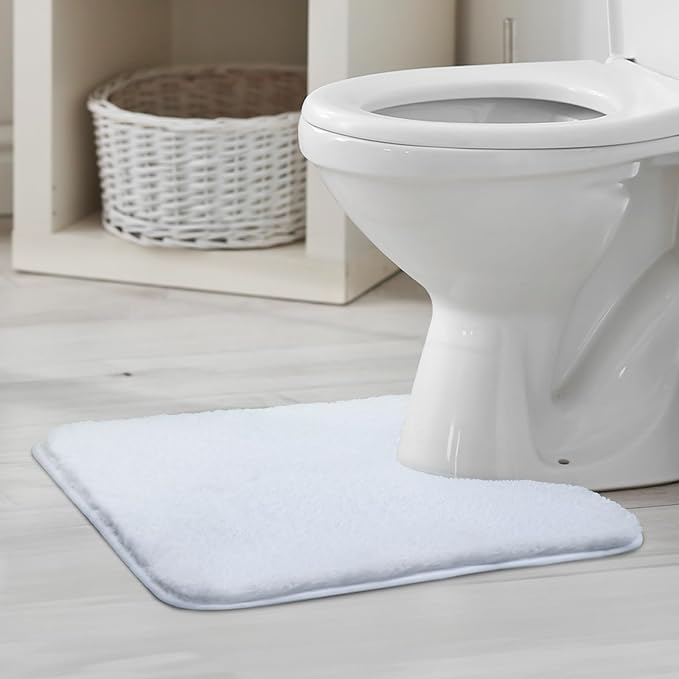 TECHMILLY U Shaped Super Soft Shaggy Bathroom Rugs, Absorbent Thick Non Slip Microfiber Toilet Rugs, Quick Dry Machine Washable Bath Mat for Bathroom Floor, Bathtub and Shower 24"x20" White