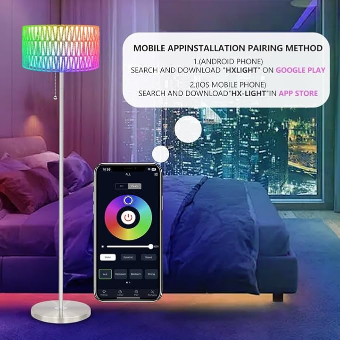 Floor Lamp for Living Room with App Remote Control and Dimmable Bulb(16 Million Colors Temperatures),Rattan & Fabric Double Shades Farmhouse Lamps,Boho Standing Tall Bedroom,Office