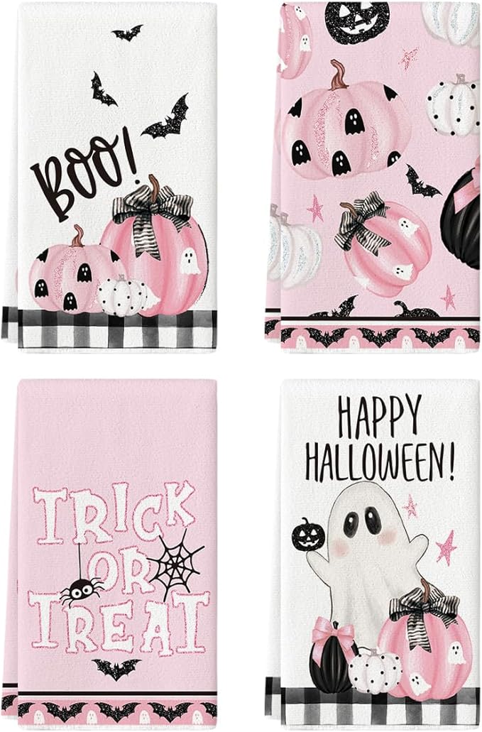 Artoid Mode Pink Pumpkins Ghost Boo Happy Halloween Kitchen Towels Dish Towels, 18x26 Inch Trick Or Treat Decoration Hand Towels Set of 4