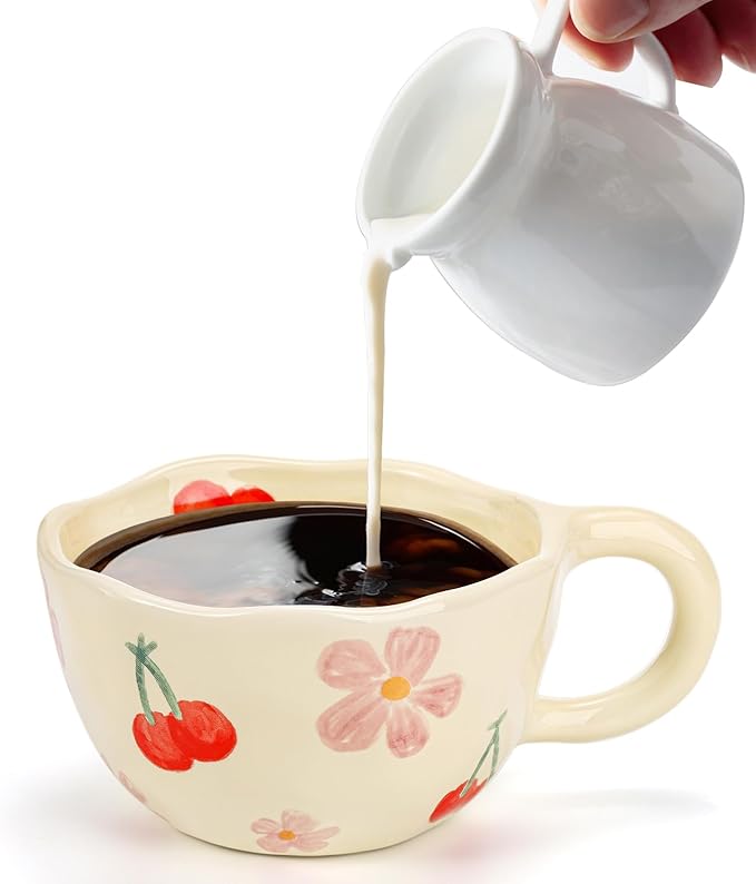 Yopay 2 Pack Ceramic Coffee Mug, 8oz Handmade Hot Chocolate Mugs, Cute Cup for Girl Microwave Safe, Aesthetic Tea Milk Cup with Handle for Latte, Cocoa, Gift, Mom(Cherry flower)