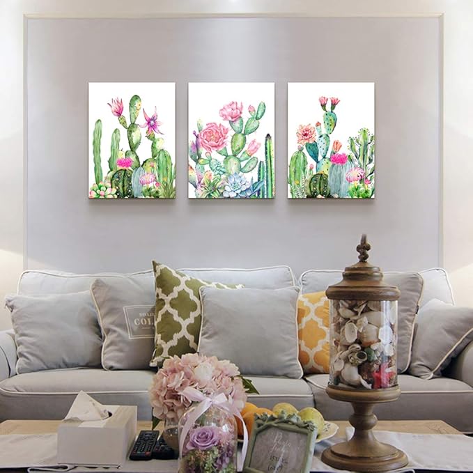 Canvas Wall Art for living room bathroom Wall Decor for bedroom kitchen artwork Canvas Prints green cactus flowers painting 12" x 16" 3 Pieces Modern framed office Home decorations family picture