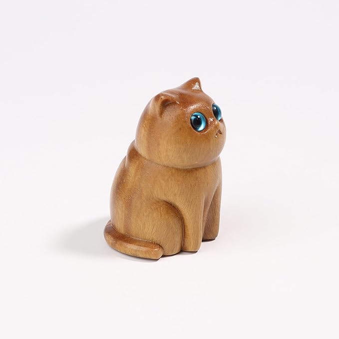 Cat Wooden Figurine,Handmade Wood Figurine Carved Cat Sculpture Home Decor Miniature pet Art Garden Statue Collectible,Desk Lovely Gift Home Decor Figurine Table Decoration Living Room Decoration