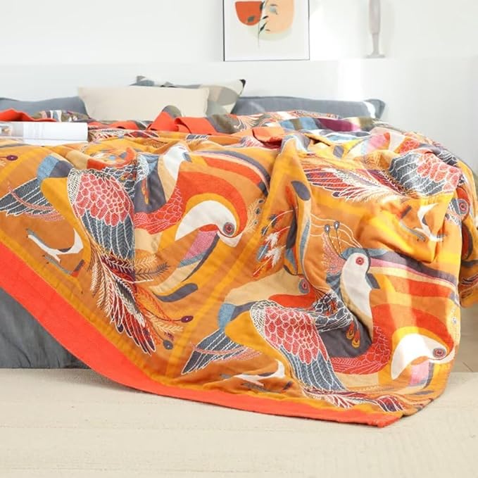 Boho Throw Blankets for Bed Home Decor, 100% Cotton Soft Cozy Boho Quilts Blankets 80"x90", Yellow Bird Lightweight Farmhouse Blanketsfor Armchair,Soaft,Couch,Picnic