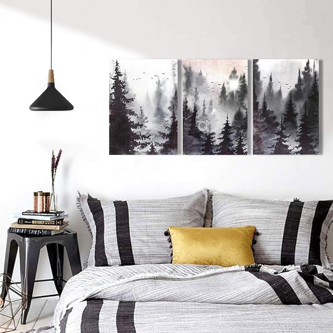 Scenery Watercolor Painting 3 Pieces Canvas Wall Art For Living Room Wall Decor For Bedroom Decorations Modern Office Home Decoration Black And White Forest Landscape Posters Canvas Prints Artwork