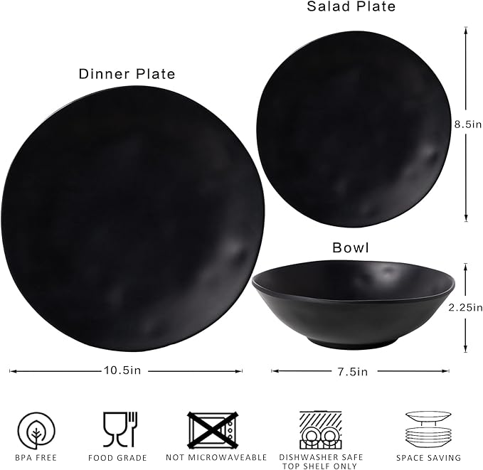Black Melamine Plates and Bowls Set,12-Piece Melamine Dinnerware Sets for Indoor and Outdoor Use, Lightweight RV and Camping Dish Set for 4, BPA Free and Dishwasher Safe