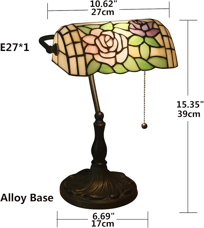 Tiffany Style Bankers Table Lamp Stained Glass Piano Desk Lamp Vintage Bedroom Bedside Lamp for Study,Antique Alloy Base,Zipper Switch,Rose c