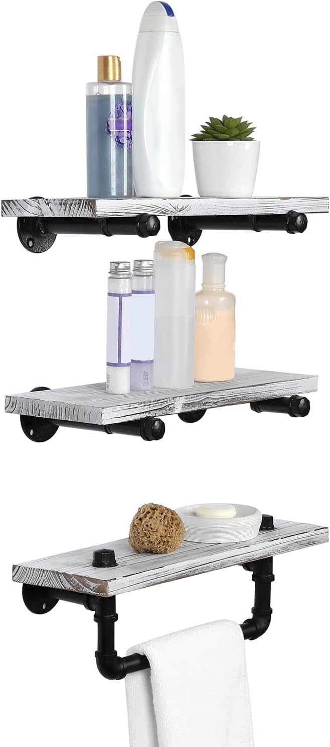 MyGift Wall Mounted White Washed Solid Wood Floating Shelf Organizer, 3 Piece Set Mounted Bathroom Display Shelf with Towel Bar and Industrial Metal Pipe Brackets