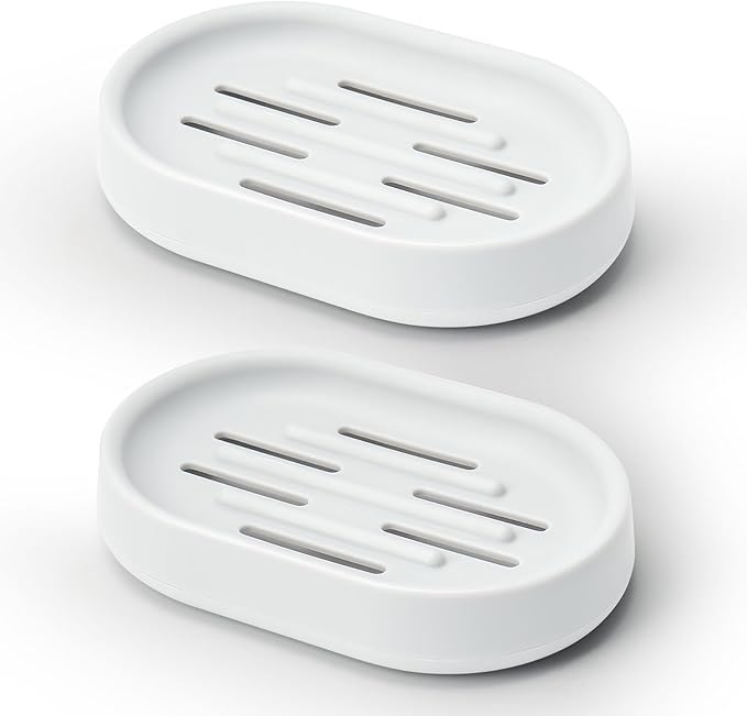 Topsky 2 Pack Soap Dish for Shower, Sink, Bathtub, Oval Plastic White Soap Bar Holder with Drain, Easy to Clean, Durable