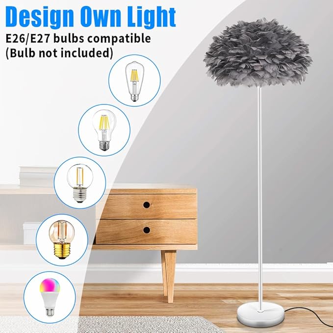 59INCH Feather Floor Lamp,Gray Goose Feather Lamp Elegant Standing Lamp for Living Room,Bedroom,Child's Room,Office,Apartment,Corner,Reading Nook,with Foot Pedal Switch